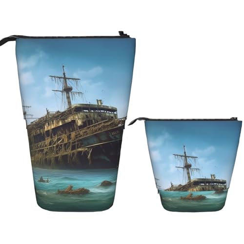 DDTKLSNV Teleskop-Federmäppchen, niedlicher Ständer, Federmäppchen, Pop-Up-Stifthalter, verlassenes Kreuzfahrtschiff auf See, Kosmetiktaschen, Schreibtisch-Schreibwarenetui für Bürobedarf, Schwarz von DDTKLSNV