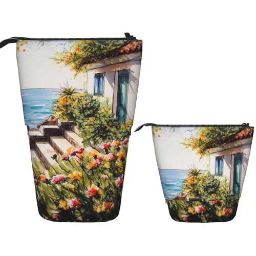 DDTKLSNV Teleskop-Federmäppchen, niedlicher Ständer, Stifteetui, Pop-Up-Stifthalter, Blumen, in der Nähe des Hauses, griechisches Meer, Kosmetiktaschen, Schreibtisch, Schreibwarenetui für Bürobedarf von DDTKLSNV