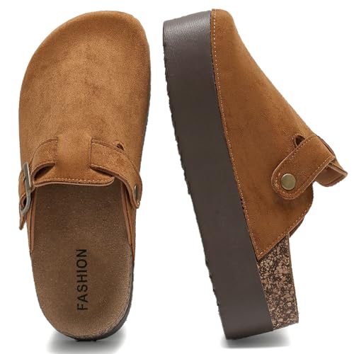 DDXYYDS Damen Wildleder Clogs Leder Plateau Pantoletten Korkfußbett Sandalen Komfort Kartoffelschuhe mit Fußgewölbeunterstützung Verstellbare Schnalle Slip On Hausschuhe, Braun, 36 EU von DDXYYDS