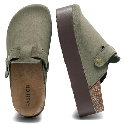 DDXYYDS Damen Wildleder Clogs Leder Plateau Pantoletten Korkfußbett Sandalen Komfort Kartoffelschuhe mit Fußgewölbeunterstützung Verstellbare Schnalle Slip On Hausschuhe, Grün , 37 EU von DDXYYDS