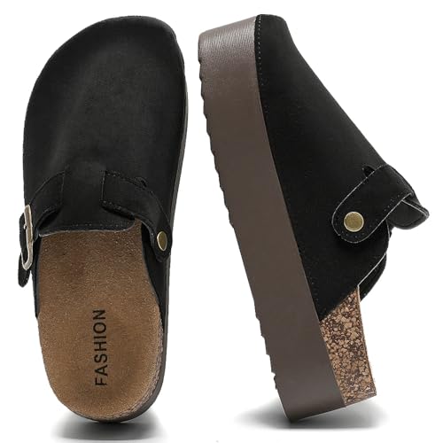 DDXYYDS Damen Wildleder Clogs Leder Plateau Pantoletten Korkfußbett Sandalen Komfort Kartoffelschuhe mit Fußgewölbeunterstützung Verstellbare Schnalle Slip On Hausschuhe, Schwarz, 38.5 EU von DDXYYDS
