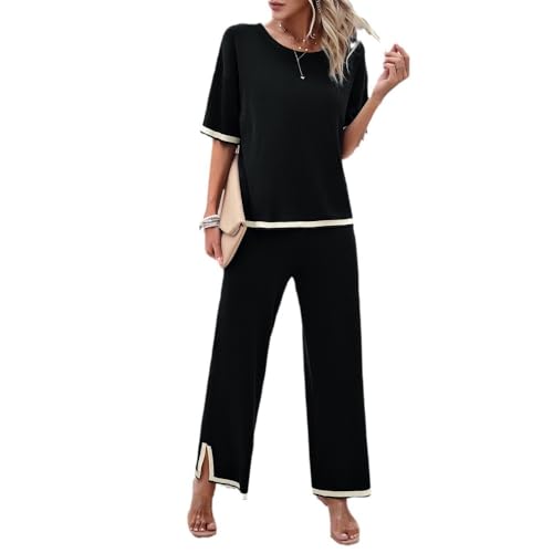 DDYYZZ Hoseanzug Damen Zweiteiler Freizeitanzug Kurzarm/Langarm Gerippt Strickpullover Top mit Lange Hose Lounge Set Rundhalsausschnitt Freizeit Outfit 2024 (1,L) von DDYYZZ