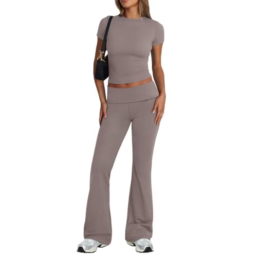 Damen Y2k Zweiteiler Outfit Slim Fit Set Oberteil Und Schlaghose Set Geschnittene Yoga Trainingsanzug Zweiteiliger Outfit Schmal Loungewear Set 2024 (5,XL,XL) von DDYYZZ