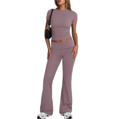 Damen Y2k Zweiteiler Outfit Slim Fit Set Oberteil Und Schlaghose Set Geschnittene Yoga Trainingsanzug Zweiteiliger Outfit Schmal Loungewear Set 2024 (6,XL,XL) von DDYYZZ