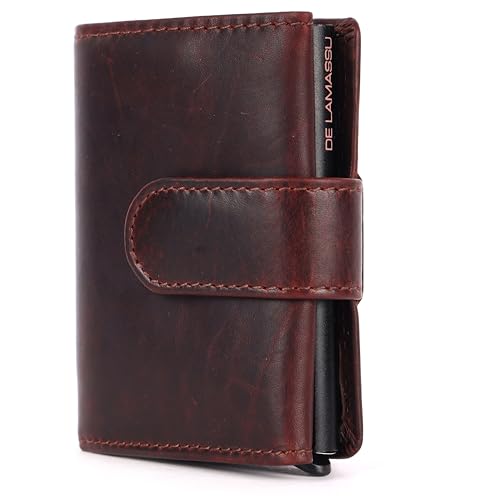 DE LAMASSU® Roman Geldbörse RFID mit Aluminium Kartenetui – Echtleder Slim Wallet für Herren & Damen – Popup Kartenhalter – Portemonnaie mit Münzfach – Geschenkbox – 10 × 7 cm (Braun) von DE LAMASSU