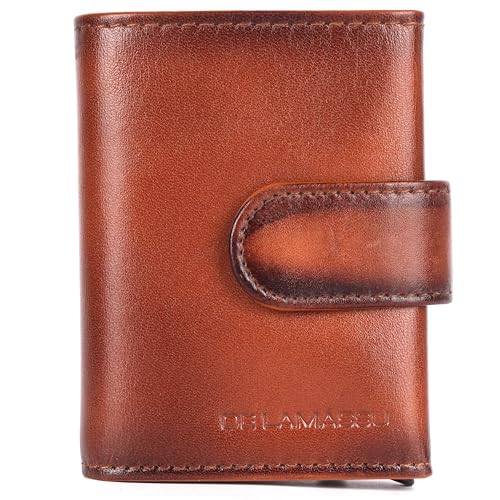 DE LAMASSU® Roman Geldbörse RFID mit Aluminium Kartenetui – Echtleder Slim Wallet für Herren & Damen – Popup Kartenhalter – Portemonnaie mit Münzfach – Geschenkbox – 10 × 7 cm (Hellbraun) von DE LAMASSU