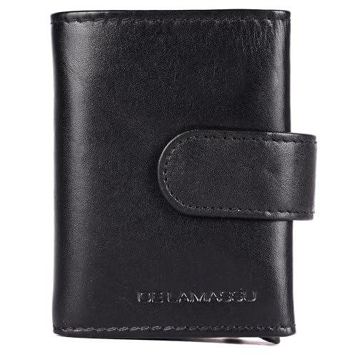 DE LAMASSU® Roman Geldbörse RFID mit Aluminium Kartenetui – Echtleder Slim Wallet für Herren & Damen – Popup Kartenhalter – Portemonnaie mit Münzfach – Geschenkbox – 10 × 7 cm (Schwarz) von DE LAMASSU
