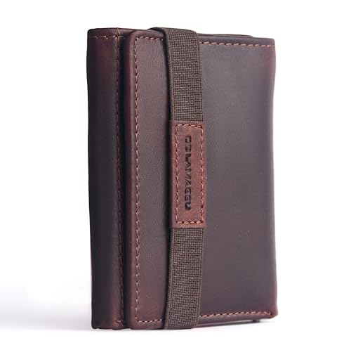 DE LAMASSU® Tobias Slim Wallet & Kartenetui aus Echtleder – RFID Schutz, 10 Kartenfächer, Scheinfach, Münzfach mit Reißverschluss, Gummibandverschluss – Unisex – Geschenkbox – 8 × 10 cm (Braun) von DE LAMASSU
