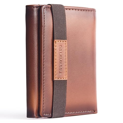DE LAMASSU® Tobias Slim Wallet & Kartenetui aus Echtleder – RFID Schutz, 10 Kartenfächer, Scheinfach, Münzfach mit Reißverschluss, Gummibandverschluss – Unisex – Geschenkbox – 8 × 10 cm (Hellbraun) von DE LAMASSU