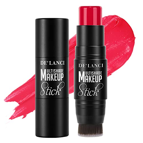 3-in-1 Creme Rouge Stift für Wangen, Lippen und Lidschatten, Wasserfeste, Glatte, Feuchtigkeitsspendende, Cream Formel, Baubarer, Leichter Creme Rouge Makeup Stift mit Integriertem Pinsel, Hickey von DE'LANCI