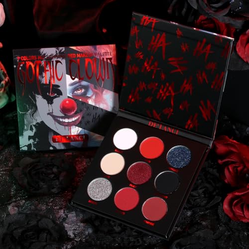 Horrorclown Lidschatten Schwarz Rot,DE'LANCI 9 Farben Roter Schwarz Lidschatten Palette,Lidschatten Shimmer Glitzer Rot,Wasserdicht&Highly Pigmented,Goth Makeup,SFX Halloween Schminke,Vegetarismus von DE'LANCI