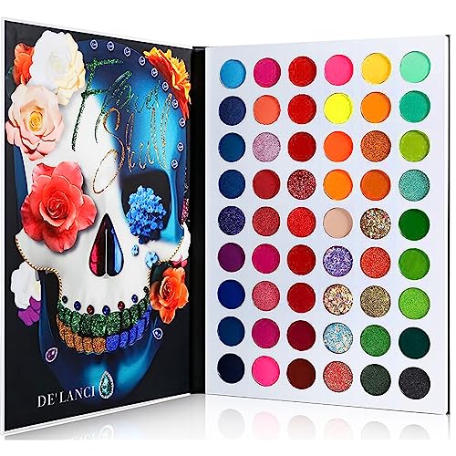 DE'LANCI La Catrina Makeup Pallet Glitzer Lidschatten Palette Bunt - Matt und Schimmer 54 Farbe Hochpigmentierte schminkpalette lidschatten - UV Grow Blacklight Neon Eyeshadow Langlebig Wasserdicht von DE'LANCI