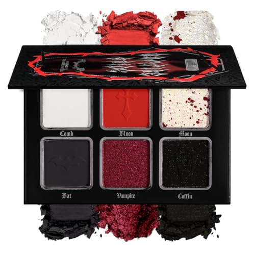 DE'LANCI Schwarzer Roter Lidschatten Palette,Rot White Dark Grey Goth Smoky Eyeshadow Palette,6 Farben Matte Shimmer Burgundy Metallic Halloween Makeup Palette für Zombie Vampir Clown von DE'LANCI