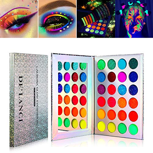 Neon Lidschatten Palette im Dunkeln leuchten, DE'LANCI Aurora Glow Lidschatten Palette Bühne, Halloween Makeup Kit Glow Schwarzlicht Matt und Glitter Fluoreszierende Lidschatten Pigment Luminous von DE'LANCI