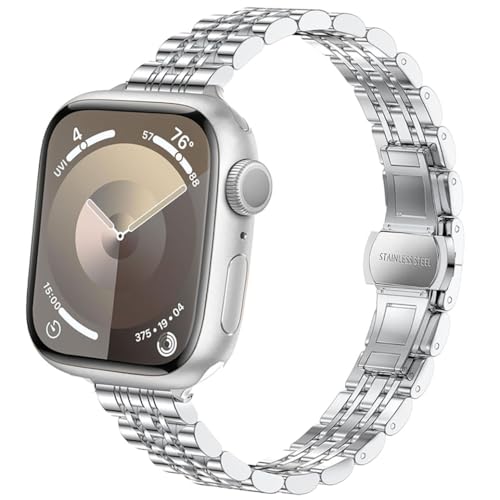 DEALELE Armband Kompatibel mit Apple Watch 41mm 40mm 38mm, Schlankes Dünnes Edelstahl Metall Ersatz Armbänder für iWatch Series 9/8 / 7/6 / 5/4 / 3 / SE Damen Herren, Silber von DEALELE