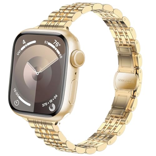 DEALELE Armband Kompatibel mit Apple Watch 49mm 45mm 44mm 42mm, Schlankes Dünnes Edelstahl Metall Ersatz Armbänder für iWatch Series 9/8 / 7/6 / 5/4 / 3 / SE/Ultra Damen Herren, Gold von DEALELE