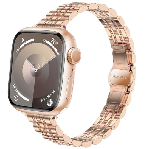 DEALELE Armband Kompatibel mit Apple Watch 49mm 45mm 44mm 42mm, Schlankes Dünnes Edelstahl Metall Ersatz Armbänder für iWatch Series 9/8 / 7/6 / 5/4 / 3 / SE/Ultra Damen Herren, Roségold von DEALELE