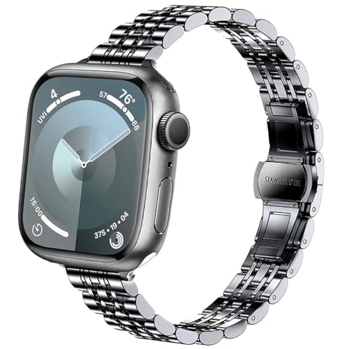 DEALELE Armband Kompatibel mit Apple Watch 49mm 45mm 44mm 42mm, Schlankes Dünnes Edelstahl Metall Ersatz Armbänder für iWatch Series 9/8 / 7/6 / 5/4 / 3 / SE/Ultra Damen Herren, Schwarz von DEALELE