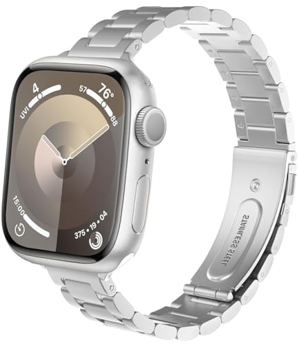 DEALELE Armband Kompatibel mit Apple Watch 49mm 45mm 44mm 42mm, Schlankes Dünnes Edelstahl Metall Ersatz Armbänder für iWatch Series 9/8 / 7/6 / 5/4 / 3 / SE/Ultra Damen Herren, Silber von DEALELE