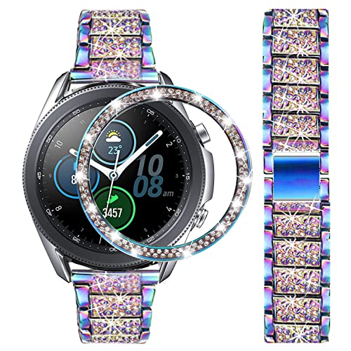 DEALELE Armband Kompatibel mit Samsung Galaxy Watch 3 41mm, 20mm Luxus Diamant Edelstahl Metall Uhrenarmbänder mit Strass Lünette Ring Schutzhülle Ersatz für Damen Herren, Regenbogen von DEALELE