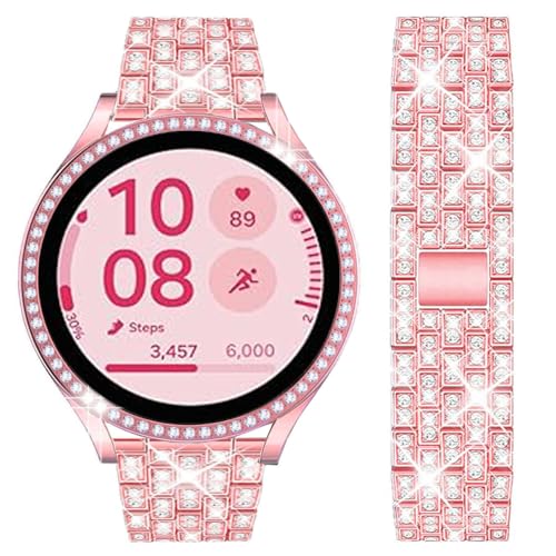 DEALELE Armband Kompatibel mit Samsung Galaxy Watch 5/4 40mm 44mm / 5 Pro 45mm, 20mm Glitzer Diamant Metall Armbänder mit Schutzhülle Cover Ersatz für Damen Herren, Rosa pink von DEALELE