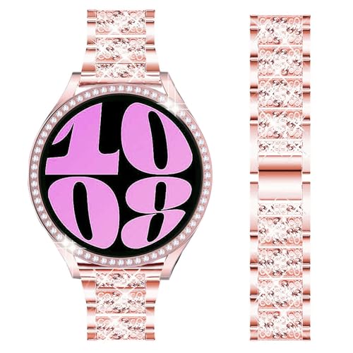 DEALELE Armband Kompatibel mit Samsung Galaxy Watch 6 40mm / 44mm, 20mm Glitzer Dünnes S-textur Strass Diamant Metall Armbänder mit Schutzhülle Cover Ersatz für Damen Herren, Rosa pink von DEALELE