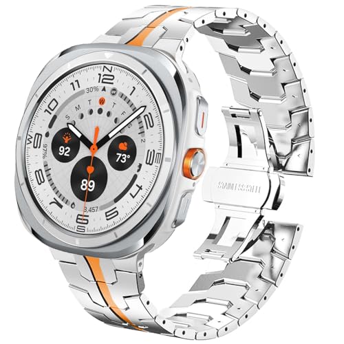 DEALELE Armband Kompatibel mit Samsung Galaxy Watch 7 Ultra (47mm), Dünn Mechanisch Iron-Man Edelstahl Metall Ersatz Armbänder für Galaxy Watch Ultra 47mm Herren Damen, Silber-orange von DEALELE