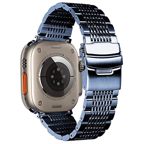 DEALELE Armband Kompatibel mit iWatch 42mm 44mm 45mm 49mm, Solid 15-Reihen Edelstahl Metall Ersatz Uhrenarmband für Apple Watch Series 8/7 / 6/5 / 4/3 / SE/Damen Herren, Blau von DEALELE