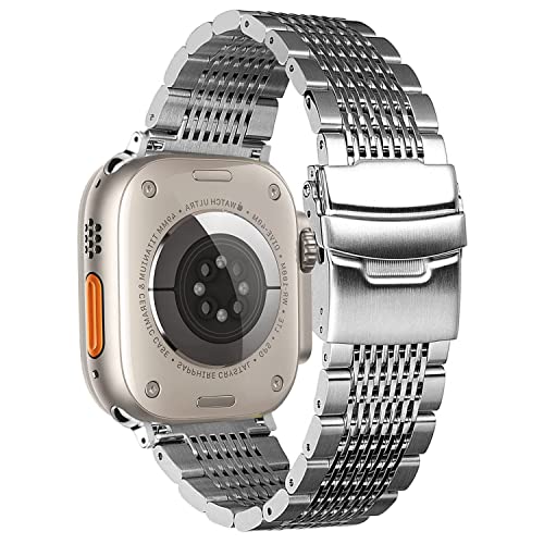 DEALELE Armband Kompatibel mit iWatch 42mm 44mm 45mm 49mm, Solid 15-Reihen Edelstahl Metall Ersatz Uhrenarmband für Apple Watch Series 8/7 / 6/5 / 4/3 / SE/Damen Herren, Silber von DEALELE