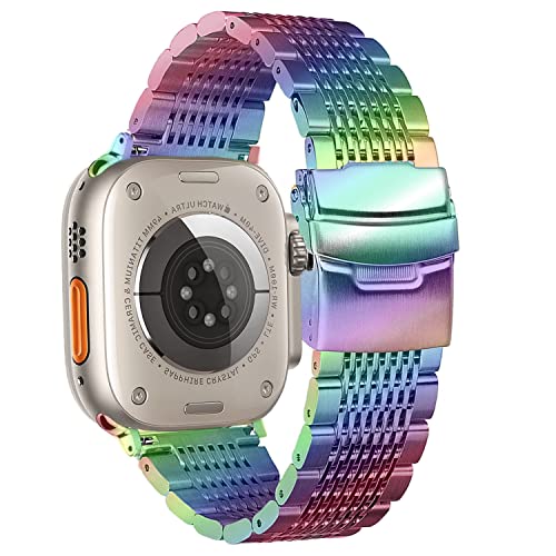 DEALELE Armband Kompatibel mit iWatch 42mm 44mm 45mm 49mm, Solid 15-Reihen Edelstahl Metall Ersatz Uhrenarmband für Apple Watch Series 8/7 / 6/5 / 4/3 / SE/Damen Herren, Regenbogen von DEALELE