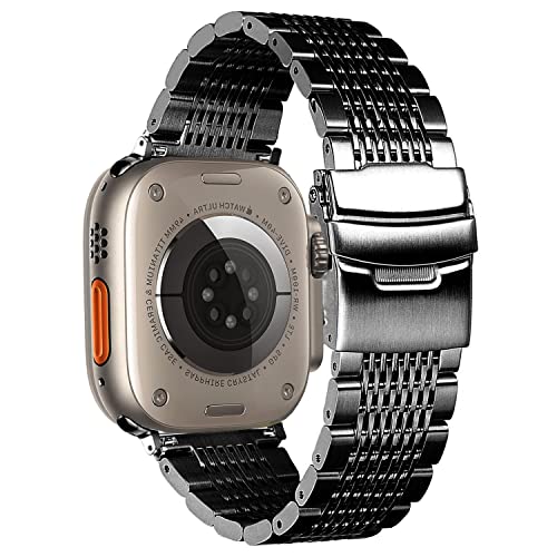 DEALELE Armband Kompatibel mit iWatch 42mm 44mm 45mm 49mm, Solid 15-Reihen Edelstahl Metall Ersatz Uhrenarmband für Apple Watch Series 8/7 / 6/5 / 4/3 / SE/Damen Herren, Schwarz von DEALELE