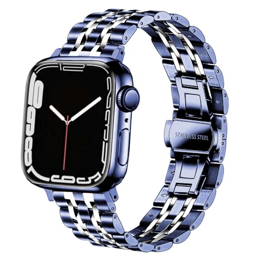 DEALELE Kompatibel mit iWatch 38 mm, 40 mm, 41 mm, massives Edelstahl-Metall-Ersatzband für Apple Watch Serie 9/8/7/6/5/4/3/SE, für Damen und Herren, Blau / Silber von DEALELE