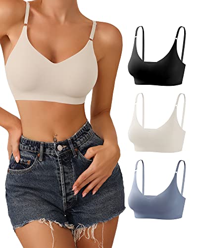 DEANGELMON Bralettes mit V-Ausschnitt, gepolstert, nahtlos, verstellbare Träger, BH für jeden Tag, Basic Schlaf-BHs, Schwarz, Blau, Aprikose, Medium von DEANGELMON