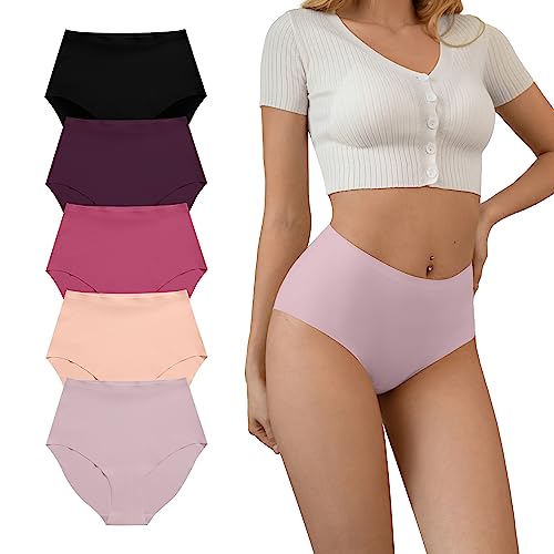 DEANGELMON Nahtlose Hipster-Unterwäsche für Damen, hohe Taille, unsichtbare Slips, unsichtbar, Bikinis, Stretch-Höschen, volle Abdeckung, Romantisches Rot, 5er-Pack, L von DEANGELMON