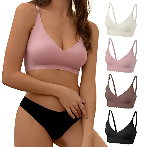 DEANGELMON V Neck Bralettes Padded Seamless Adjustable Straps Bra Everyday Basic Sleeping Bras, Schwarz, Kaffee, Rosa, Weiß, Medium von DEANGELMON