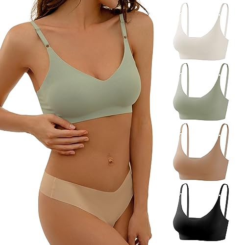 DEANGELMON V Neck Bralettes Padded Seamless Adjustable Straps Bra Everyday Basic Sleeping Bras, Schwarz, Nude, Aprikose, Grün, small von DEANGELMON