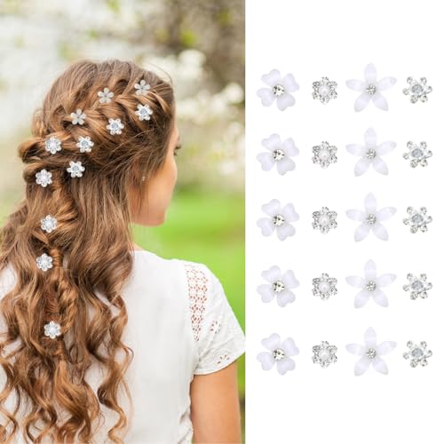 20 Stück Weiße Kleine Blumen-Haarspangen Haarschmuck, Süße Mini-Haarspange mit Strasssteinen und Perlen für Damen, Braut-Haarspangen für Mädchen, Hochzeit, Haarschmuck (4 Muster) (Beige) von DEARBAG