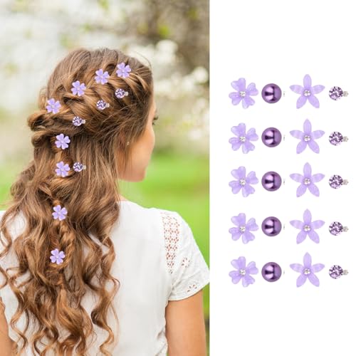 20 Stück Weiße Kleine Blumen-Haarspangen Haarschmuck, Süße Mini-Haarspange mit Strasssteinen und Perlen für Damen, Braut-Haarspangen für Mädchen, Hochzeit, Haarschmuck (4 Muster) (Lila) von DEARBAG