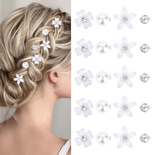20 Stück Weiße Kleine Blumen-Haarspangen Haarschmuck, Süße Mini-Haarspange mit Strasssteinen und Perlen für Damen, Braut-Haarspangen für Mädchen, Hochzeit, Haarschmuck (4 Muster) von DEARBAG