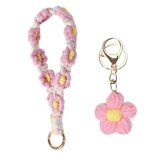 Boho Armband Schlüsselband mit Blumen-Schlüsselanhänger, Gänseblümchen Makramee Handgefertigtes Armband, Freihändiger Komfort Schlüsselanhänger Makramee, Schönes Geschenk für Frauen Mädchen (Rosa) von DEARBAG