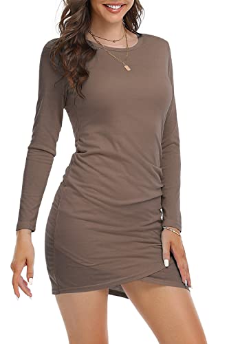 DEARCASE Damen Bodycon Kleid Kurz Enges Wickelkleid Lange Ärmel Freizeitkleider für Damen Mini T Shirt Kleid (Braun, L) von DEARCASE