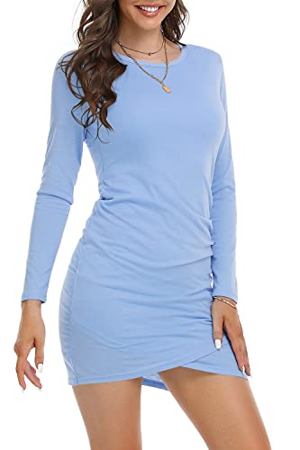 DEARCASE Damen Bodycon Kleid Kurz Enges Wickelkleid Lange Ärmel Freizeitkleider für Damen Mini T Shirt Kleid (Hellblau, L) von DEARCASE