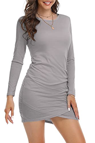 DEARCASE Damen Bodycon Kleid Kurz Enges Wickelkleid Lange Ärmel Freizeitkleider für Damen Mini T Shirt Kleid (Hellgrau, M) von DEARCASE