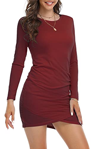 DEARCASE Damen Bodycon Kleid Kurz Enges Wickelkleid Lange Ärmel Freizeitkleider für Damen Mini T Shirt Kleid (Weinrot, XL) von DEARCASE