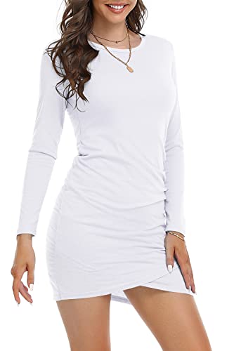 DEARCASE Damen Bodycon Kleid Kurz Enges Wickelkleid Lange Ärmel Freizeitkleider für Damen Mini T Shirt Kleid (Weiß, XL) von DEARCASE
