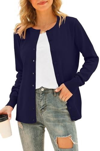 DEARCASE Damen Cardigans Langarm Offene Front Gestrickte Cardigan Knopf Rundhalspullover Leichter einfarbiger Pullover, 2X-Large Royal Blue von DEARCASE