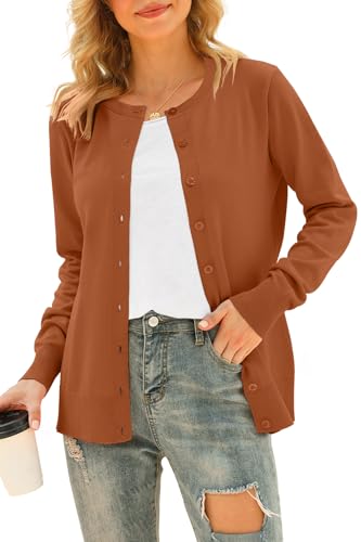 DEARCASE Damen Cardigans Langarm Offene Front Gestrickte Cardigan Knopf Rundhalspullover Leichter einfarbiger Pullover, 2X-Large Rust red von DEARCASE