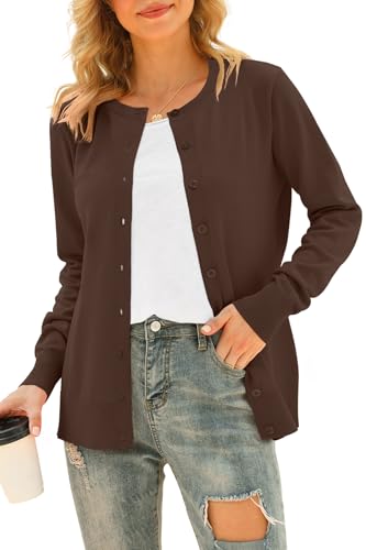 DEARCASE Damen Cardigans Langarm Offene Front Gestrickte Cardigan Knopf Rundhalspullover Leichter einfarbiger Pullover, 3X-Large Coffee von DEARCASE