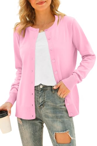 DEARCASE Damen Cardigans Langarm Offene Front Gestrickte Cardigan Knopf Rundhalspullover Leichter einfarbiger Pullover, Medium Light Pink DEARCASE Damen Cardigans Langarm Offene Front Gestrickte Cardigan Knopf Rundhalspullover Leichter einfarbiger Pullover, Medium Light Pink von DEARCASE