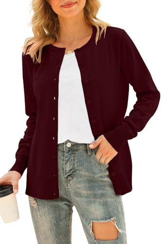 DEARCASE Damen Cardigans Langarm Offene Front Gestrickte Cardigan Knopf Rundhalspullover Leichter einfarbiger Pullover, Medium Wine Red DEARCASE Damen Cardigans Langarm Offene Front Gestrickte Cardigan Knopf Rundhalspullover Leichter einfarbiger Pullover, Medium Wine Red von DEARCASE